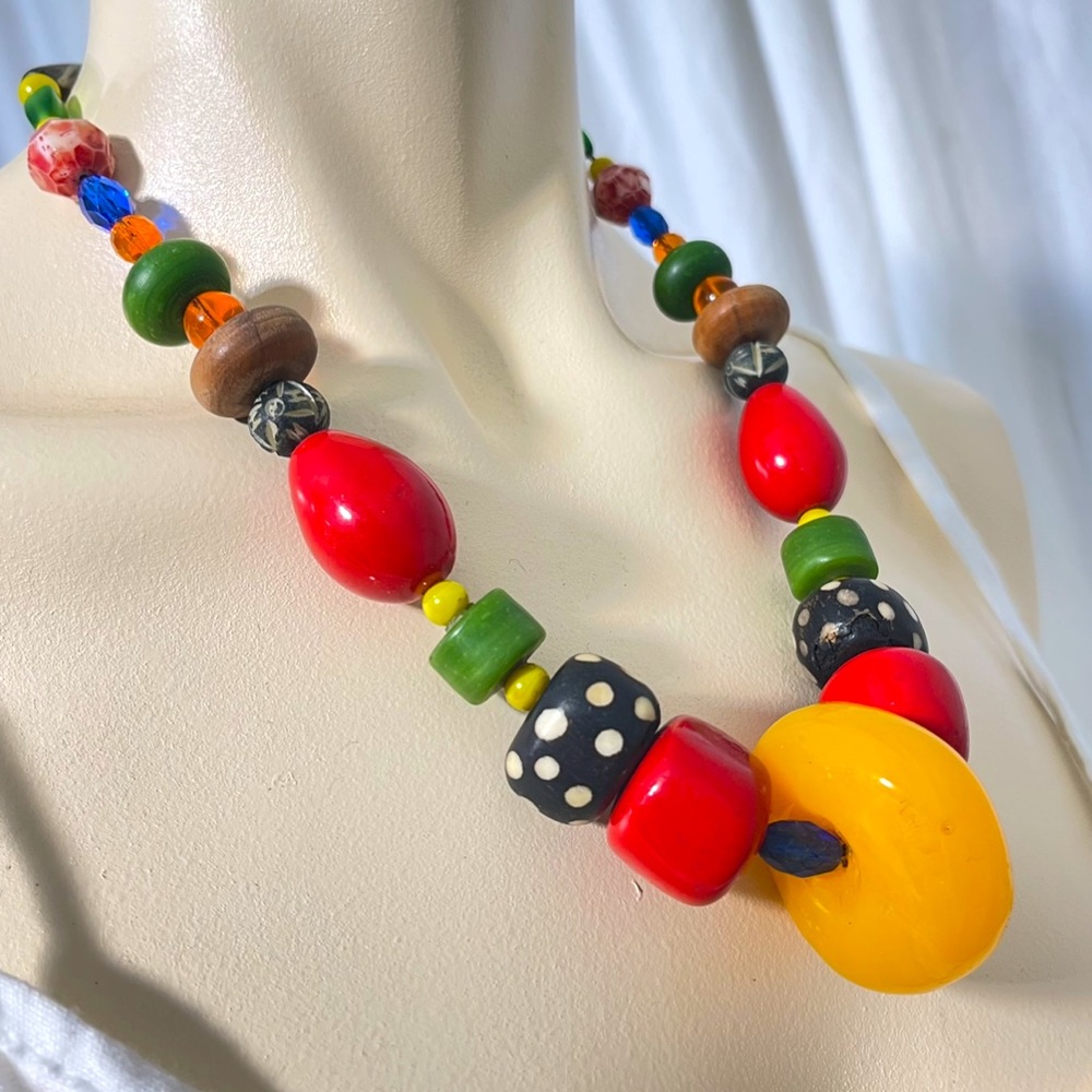 Teresa Goodall Necklace Chunky Glass Bead Statement Jewelry Vtg Signed Colorful